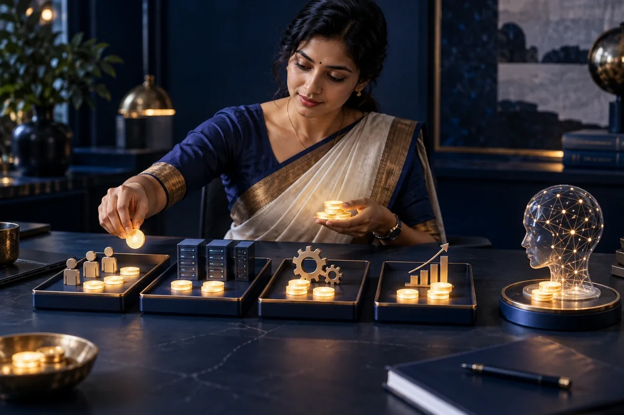 South Indian finance professional allocating resources between marketing capacity and learning