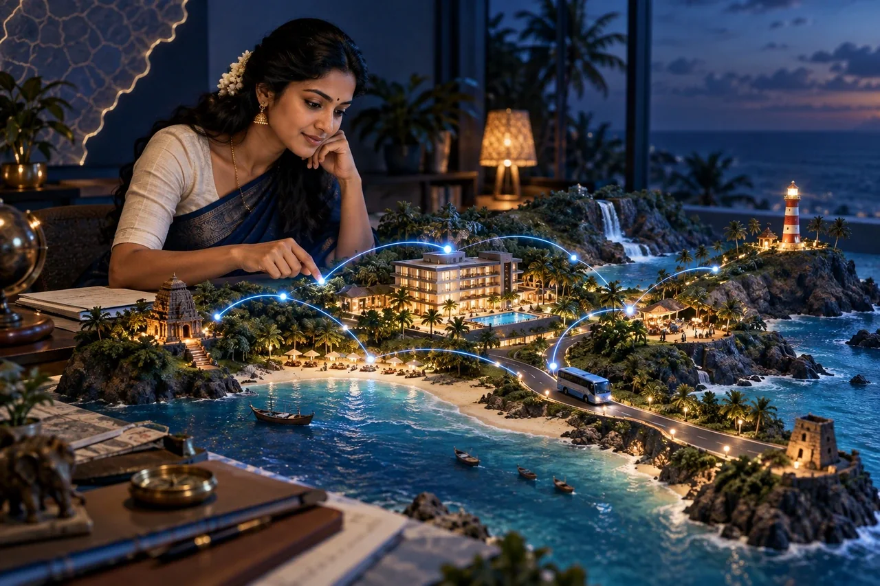 South Indian travel planner reviewing a miniature destination with hotel and transport connections