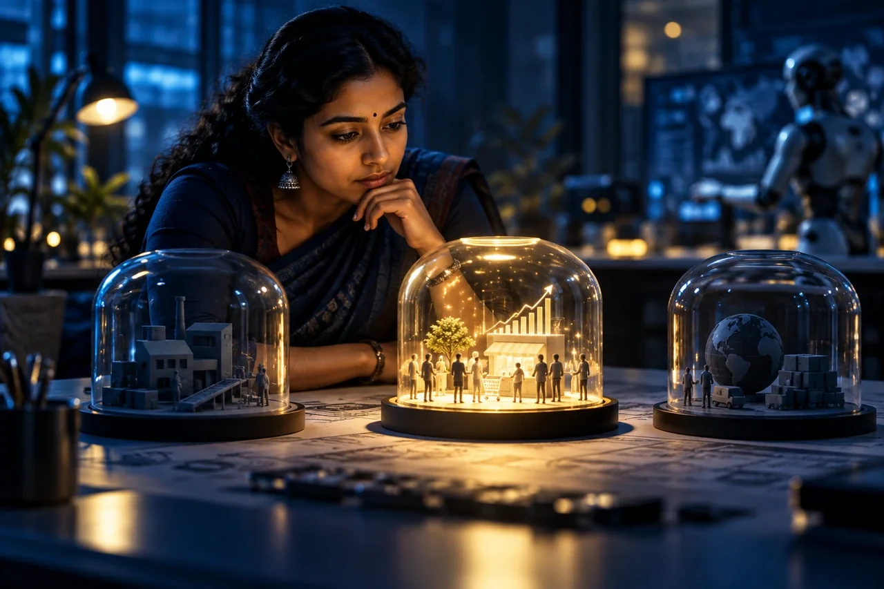 South Indian strategist reviewing three marketing experiment prototypes in a contemporary studio
