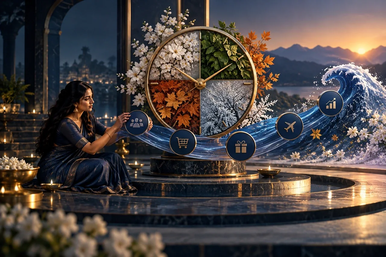 A sculptural seasonal clock surrounded by a controlled arc of indigo campaign tokens, one demand wave rises without overwhelming the composition