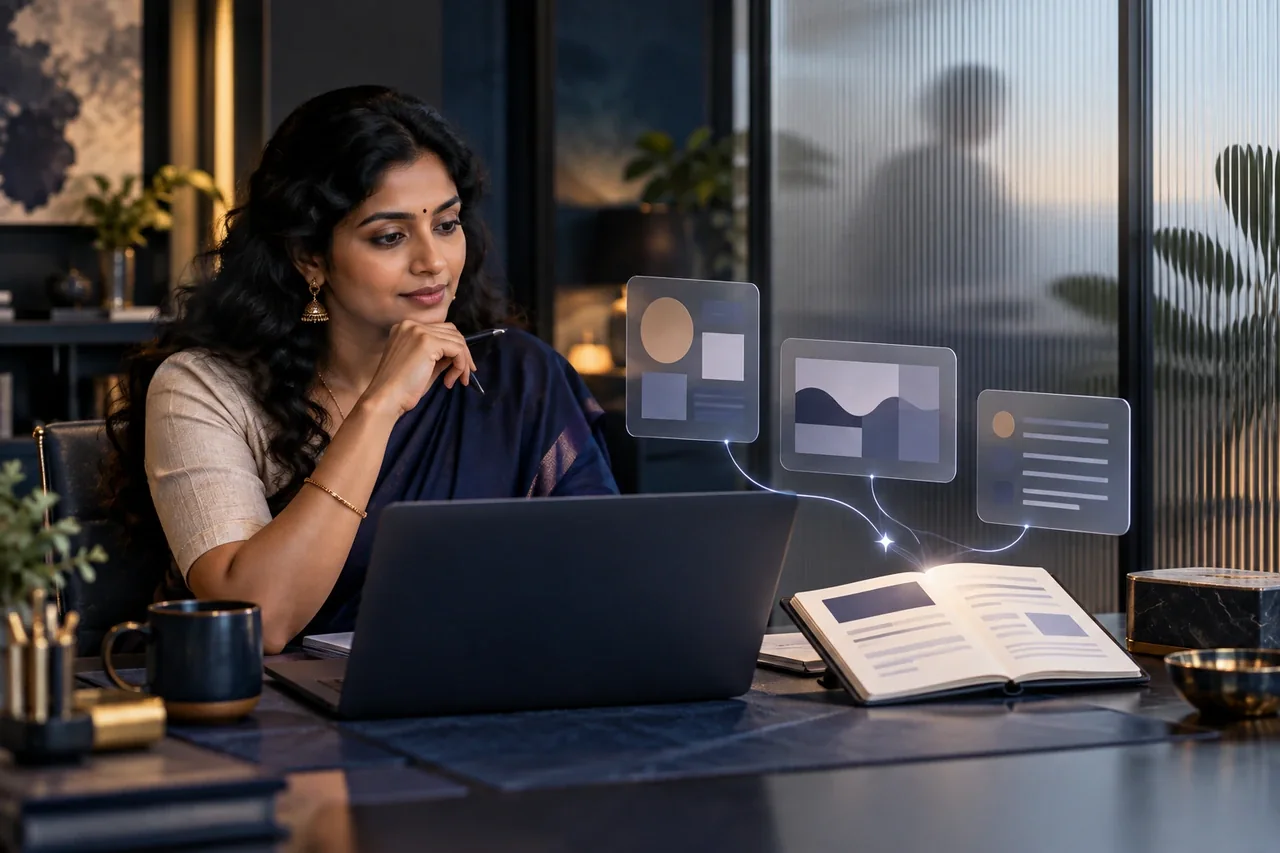 A South Indian content strategist working beside frosted privacy glass, protected anonymized abstract data blocks and an AI brief notebook, no visible customer data