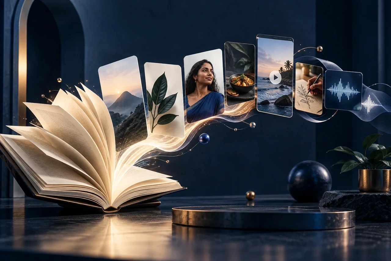 One guidebook unfolding into varied social cards, video frames and audio content