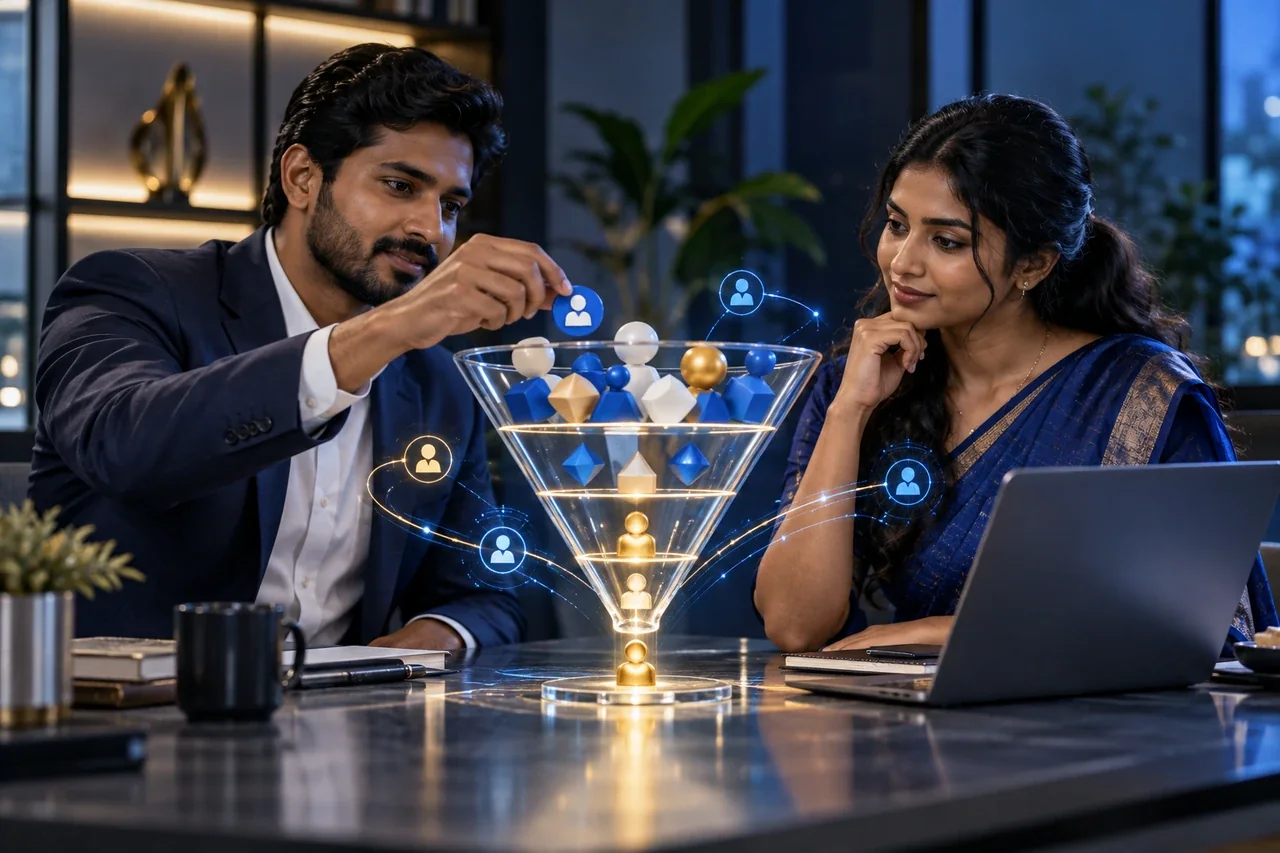 South Indian sales and analytics colleagues reviewing different lead types in a glass funnel