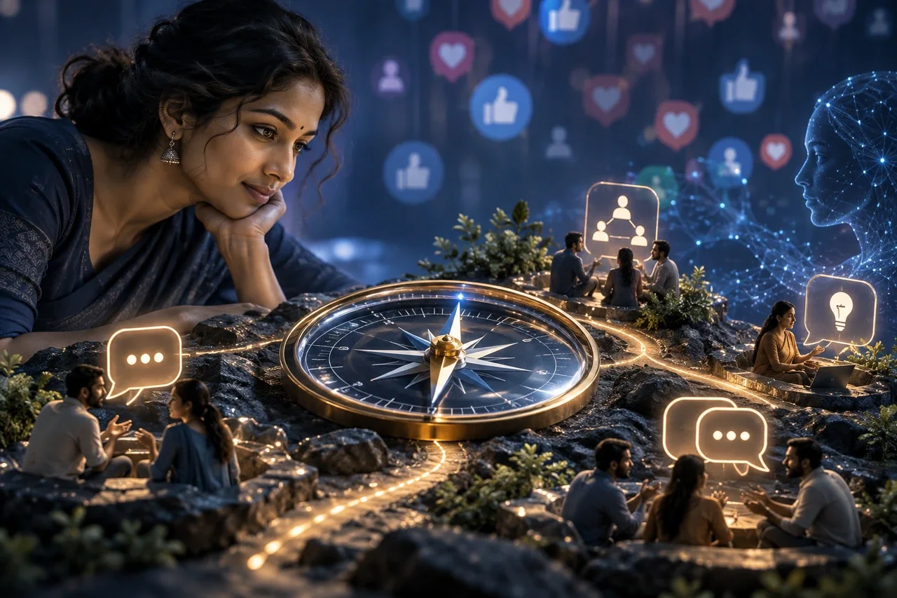 Glass compass focusing on useful enquiries while social reaction symbols recede behind