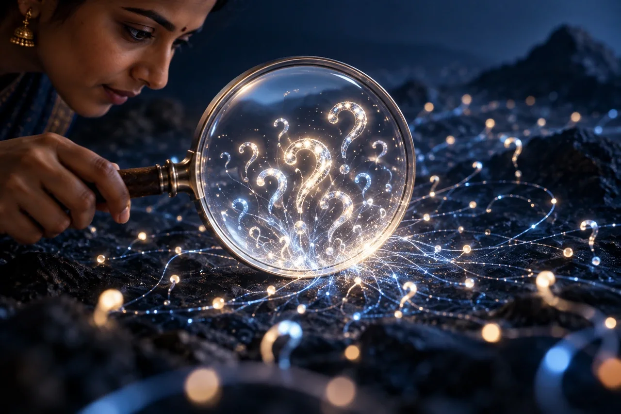 A beautiful translucent magnifying lens focusing scattered tiny search sparks into a tidy cluster of question-shaped abstract curves