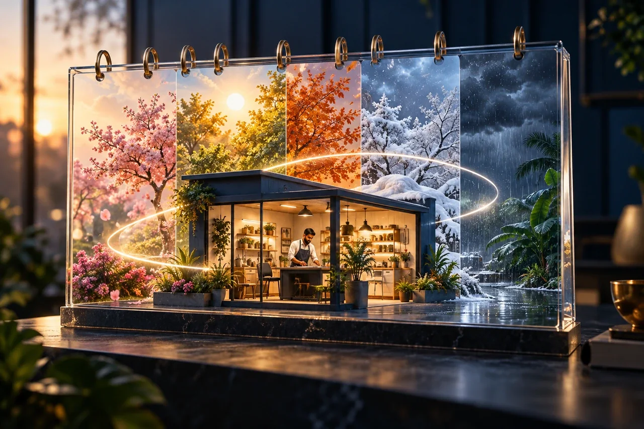 A miniature modern local service shop inside a glass seasonal calendar sculpture with sunlight and rain separated into four subtle zones, AI planning glow