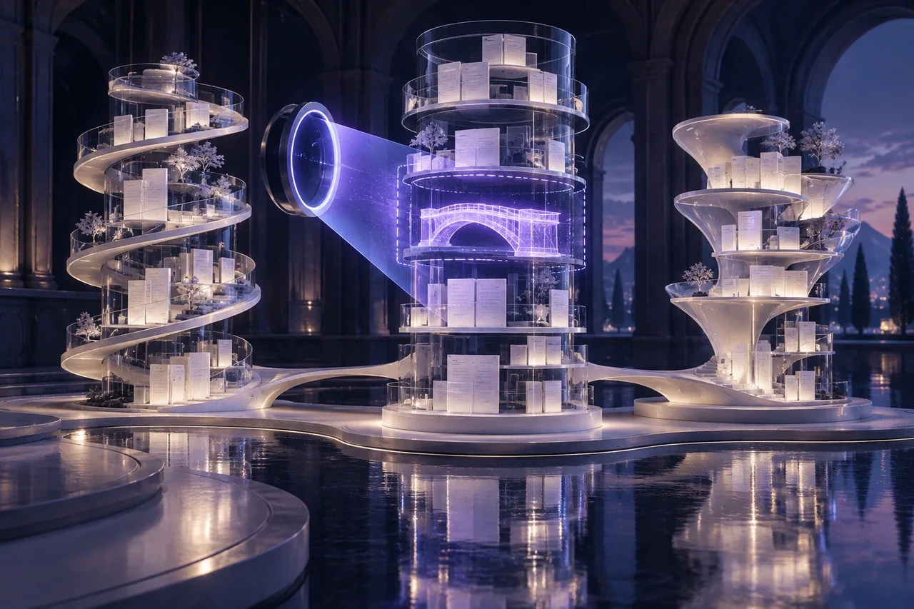 AI scanning lens reveals a missing bridge among three distinct glass content towers, illustrating competitor gap analysis.