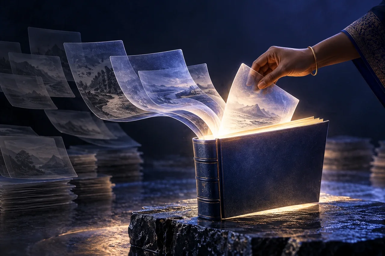 Several overlapping paper-like glass pages being gently combined into one stronger indigo-lit book, other duplicate sheets dimming into background