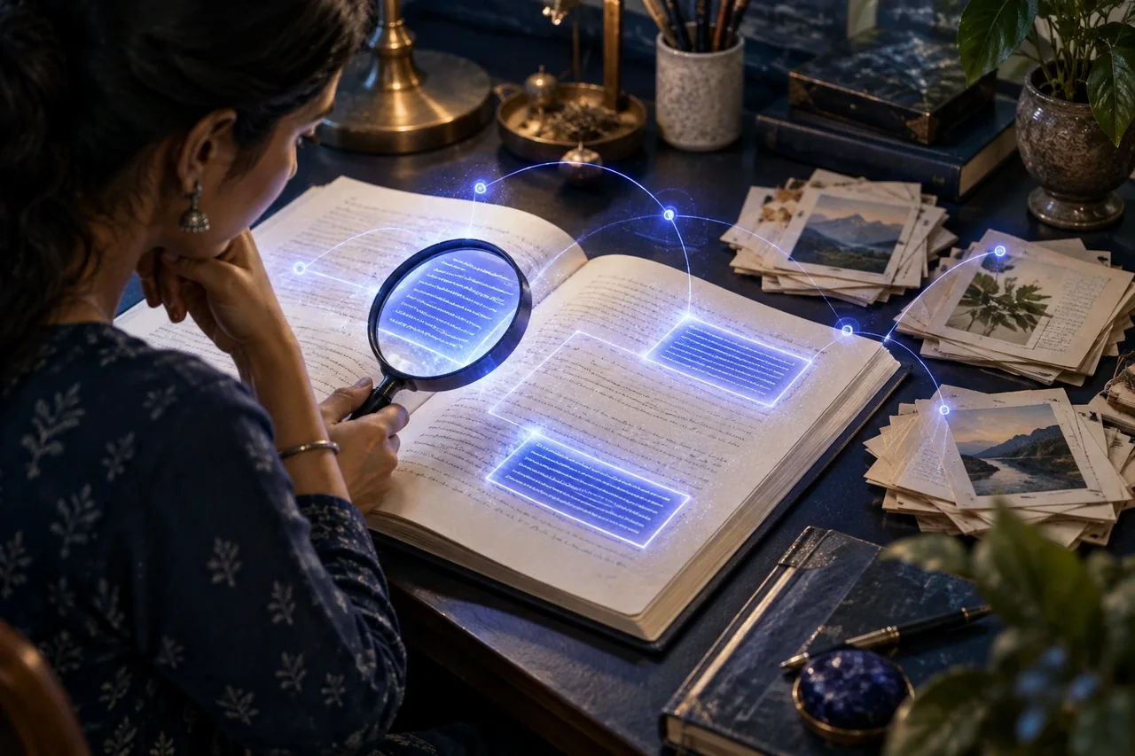 An illuminated AI lens reviewing an existing manuscript and content cards