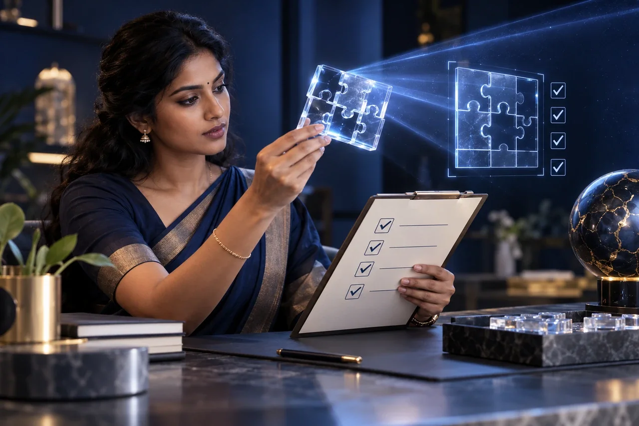 A South Indian project manager inspecting a precisely finished glass puzzle against a physical checklist with no letters, AI verification beam