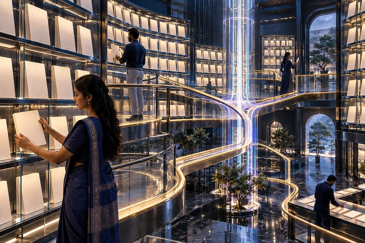 A polished modular glass library with clean branching route rails and neatly aligned blank page tiles, AI governance beam across the structure