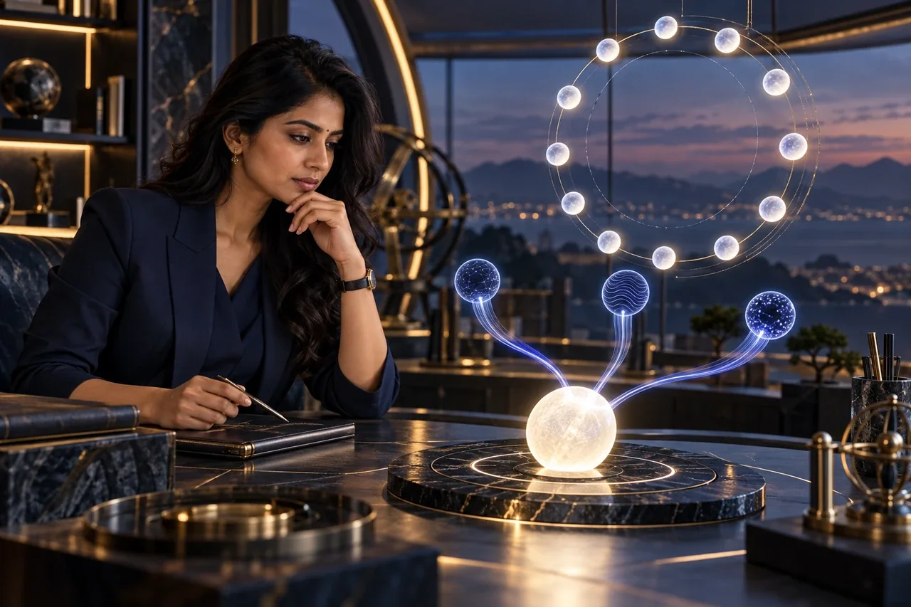 South Indian analyst considers luminous AI signals and an orbital calendar during an illustrative monthly SEO review.