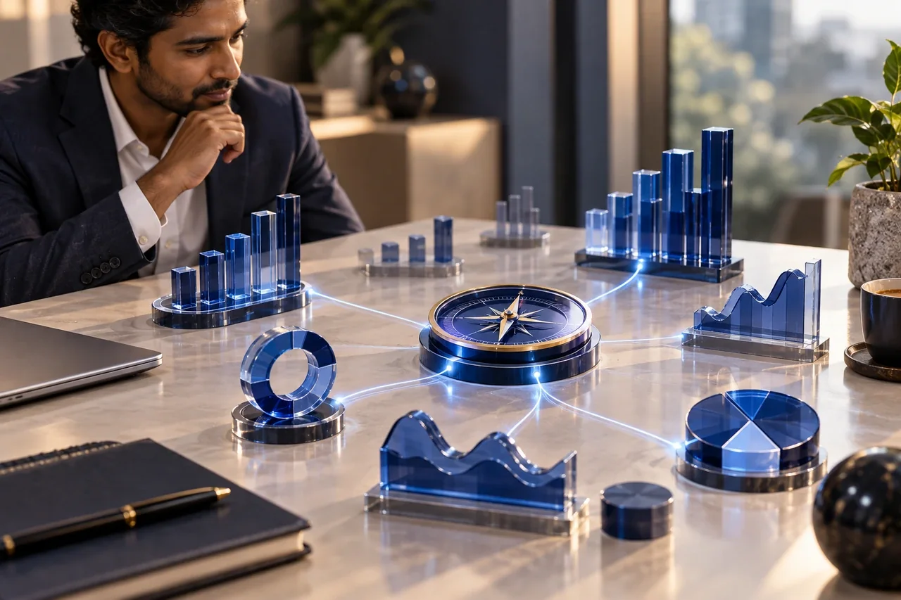 An AI analytics thread connecting business measures to a decision compass