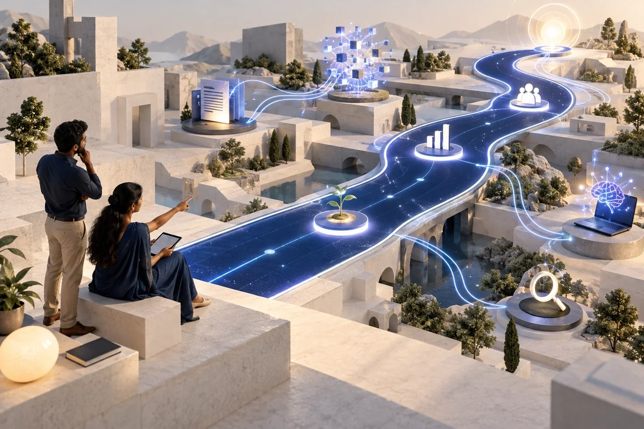 A luminous SEO roadmap with selected milestones across an architectural landscape