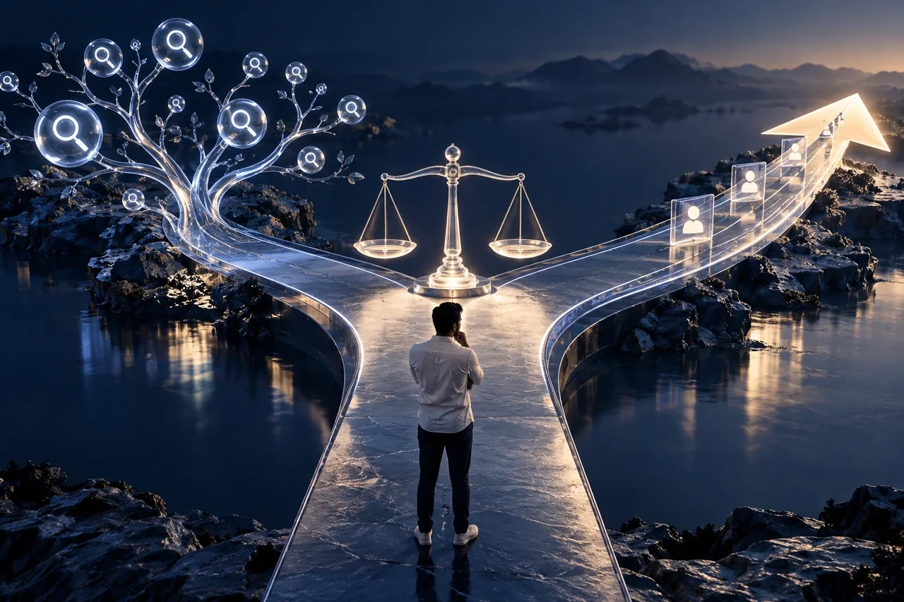 Two illuminated glass routes representing organic search and paid advertising choices