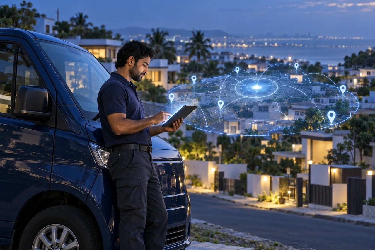 A South Indian service professional reviewing a neighbourhood service-area projection