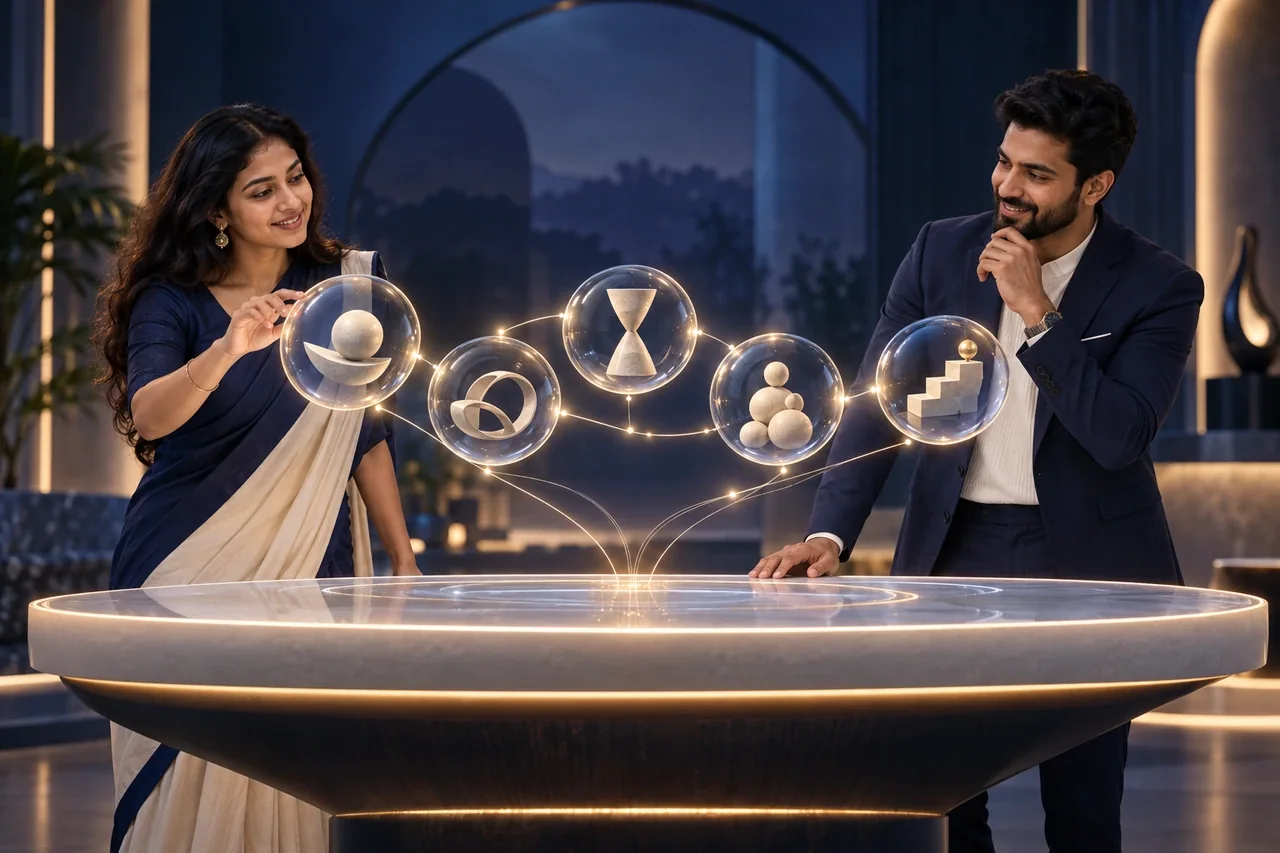 South Indian professionals discuss holographic conversation bubbles linked by AI light, illustrating helpful service FAQs.
