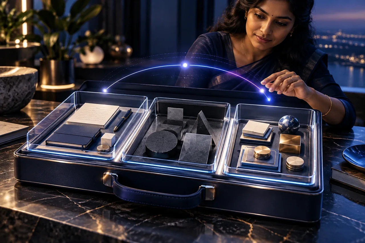A premium open service toolkit with objects neatly separated into three distinct trays, transparent boundary walls and an indigo AI planning arc