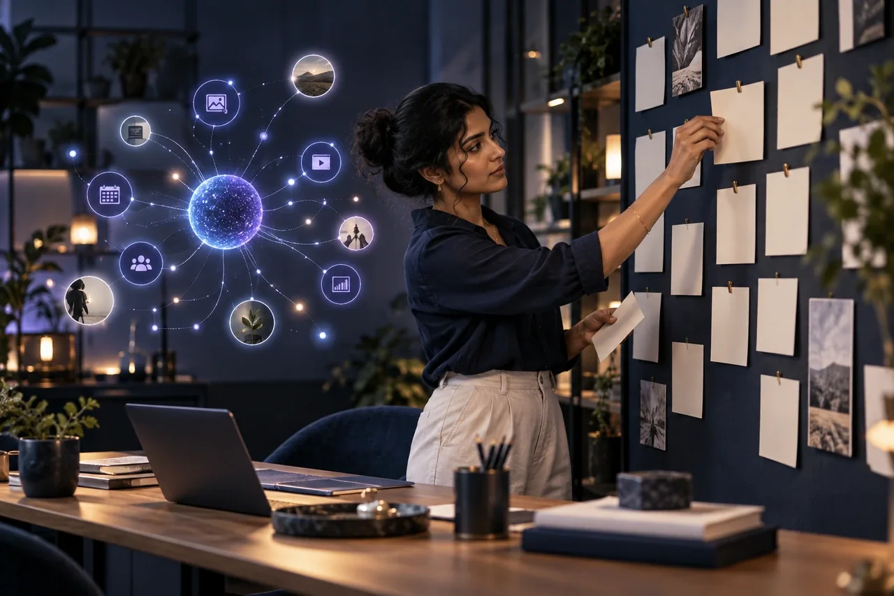 A South Indian strategist arranging content cards beside an AI scheduling constellation