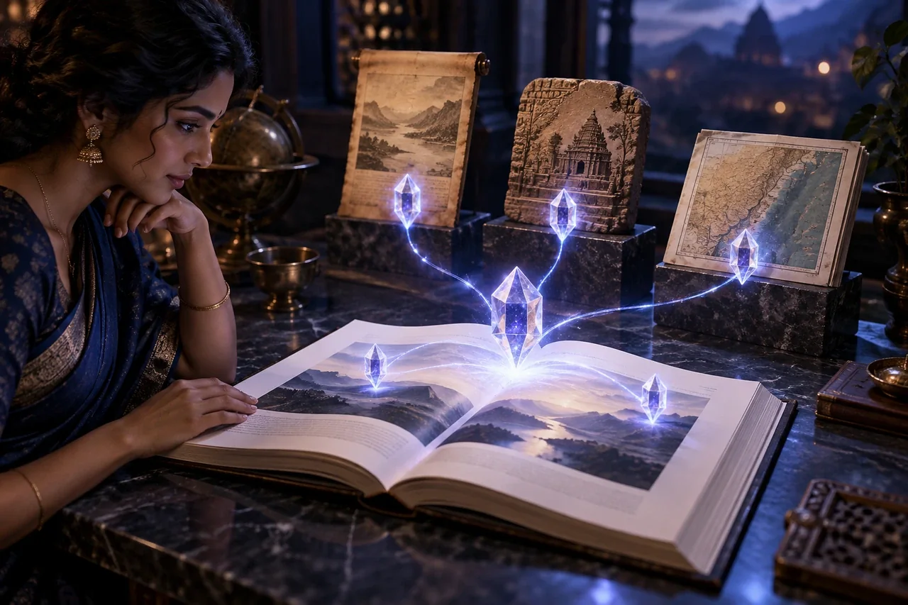 An elegant chain of translucent evidence crystals connecting an open editorial book to three physical source documents, indigo light tracing provenance