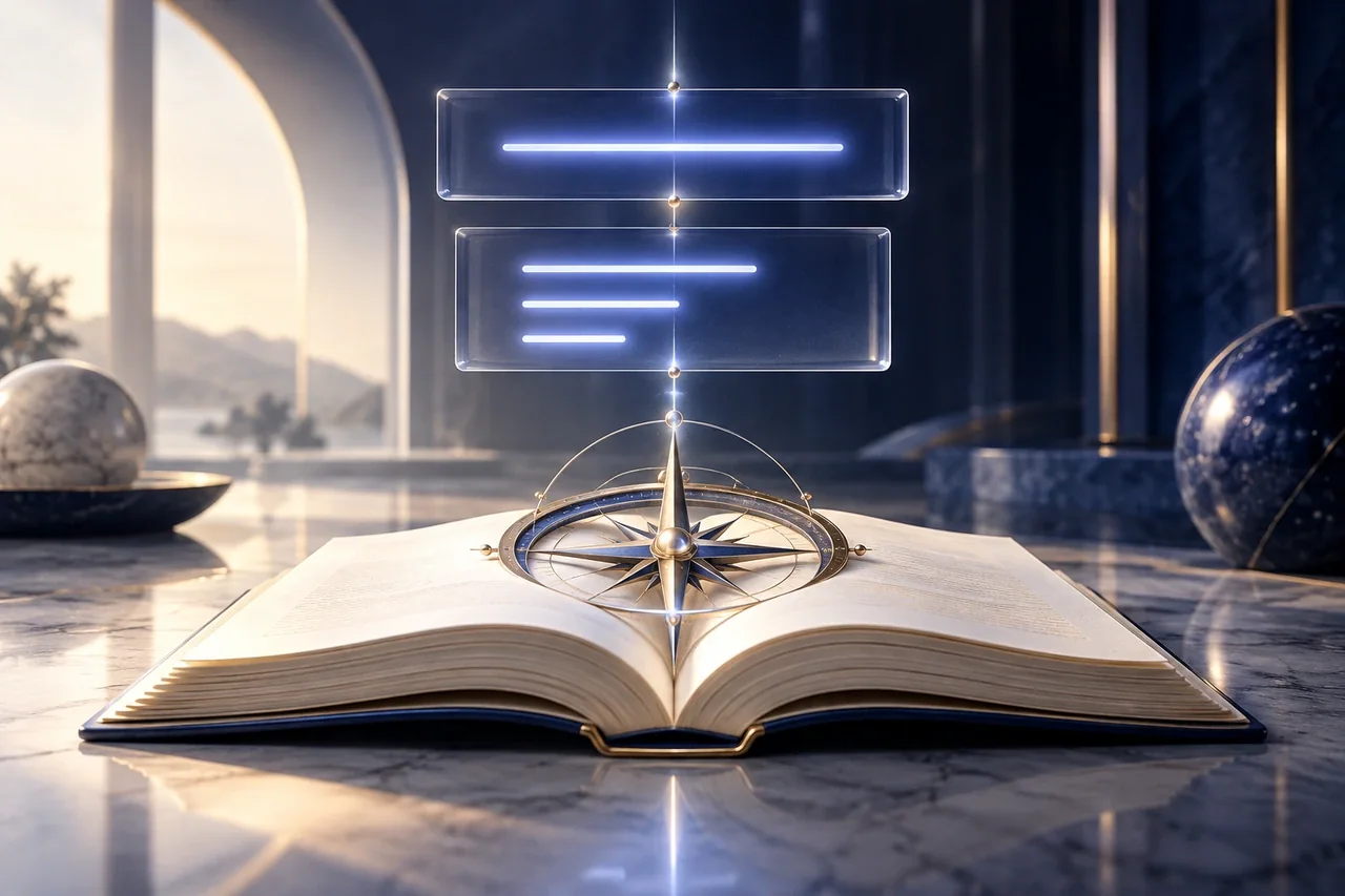 An open porcelain book and aligned luminous glass panels illustrate concise service page titles and descriptions.