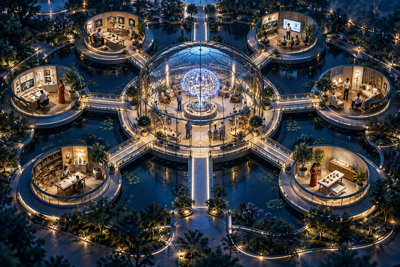 Central knowledge pavilion connected to distinct topic satellites by luminous walkways