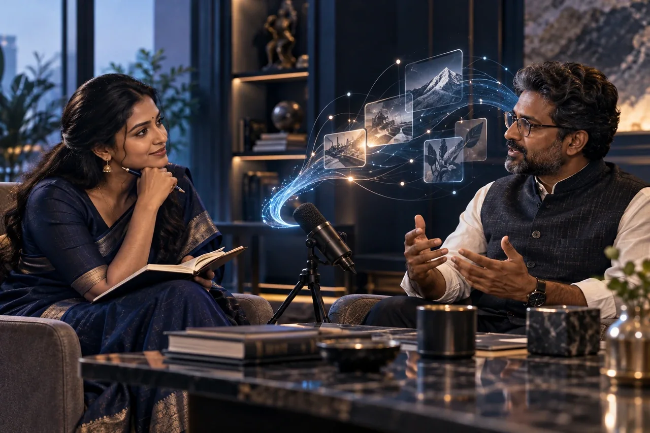 A South Indian subject expert and South Indian interviewer in a polished quiet office, microphone and notebook, subtle flowing AI transcription constellation with no text
