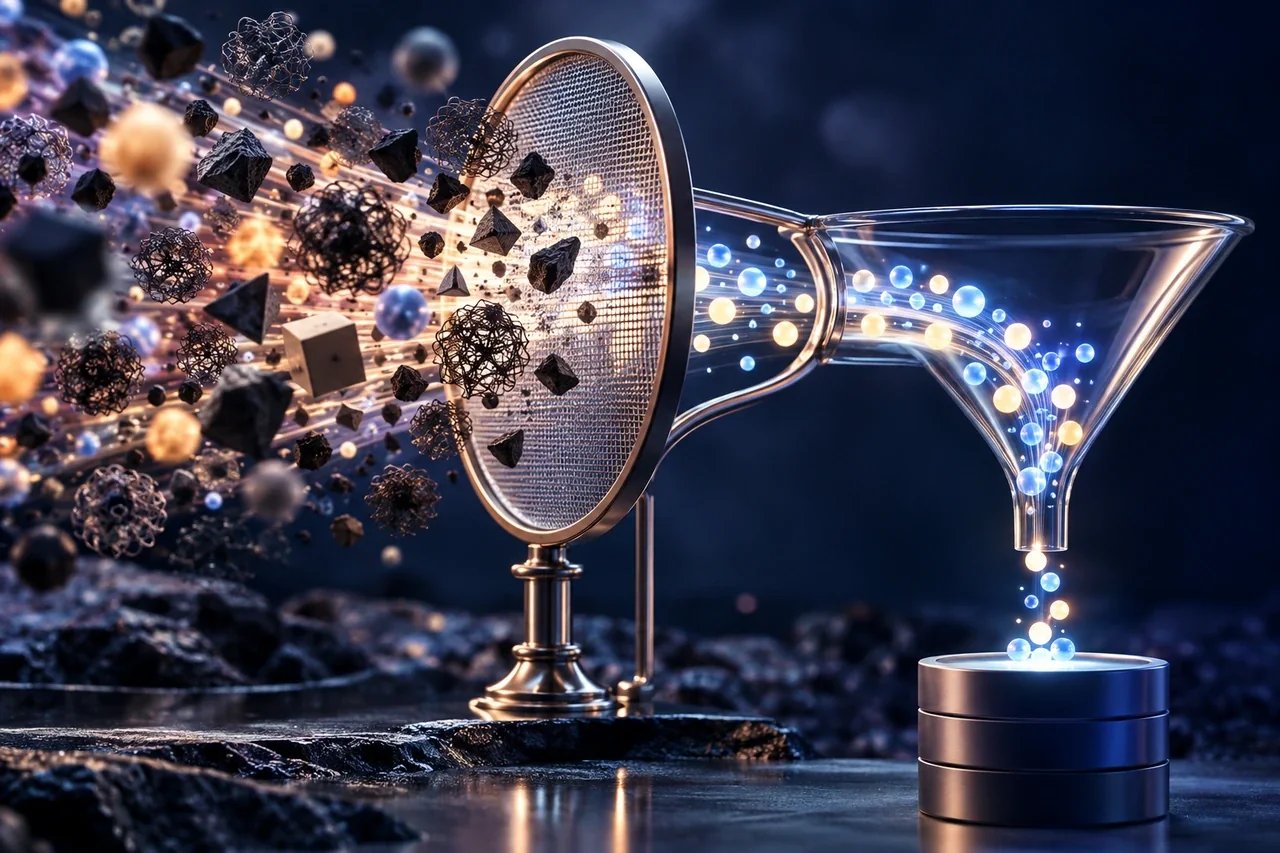 Translucent keyword sieve separating irrelevant search particles from a focused enquiry funnel