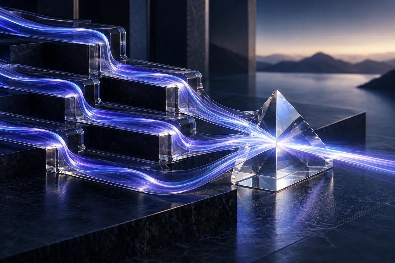 Four separate indigo light ribbons travelling through neatly organized glass channels into one clear prism, symbolic consistent campaign attribution