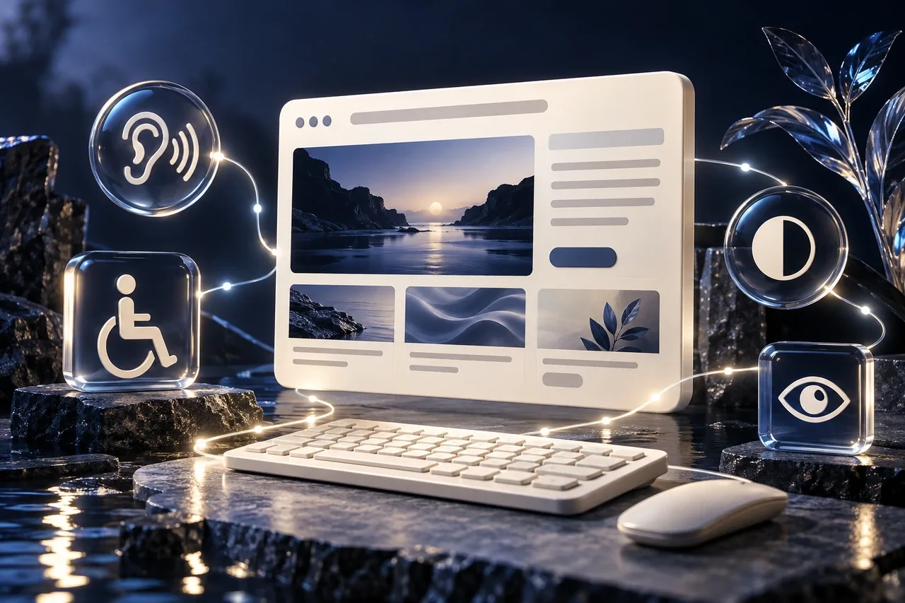 Tactile accessible interface with keyboard, audio and contrast concepts connected by AI light