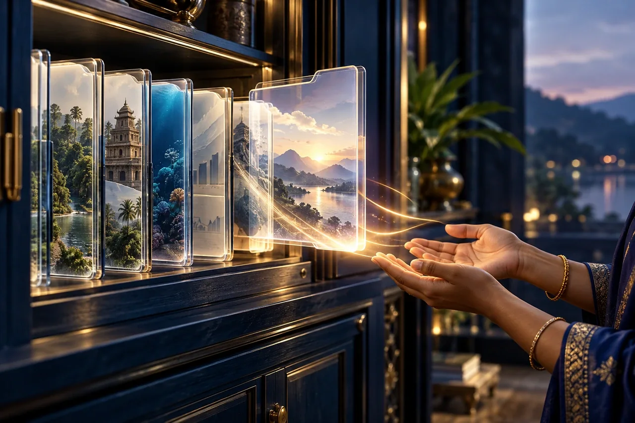 A beautiful open resource cabinet with glass guide folders sliding gently into a visitor's hands, AI discovery glow, South Indian hand only