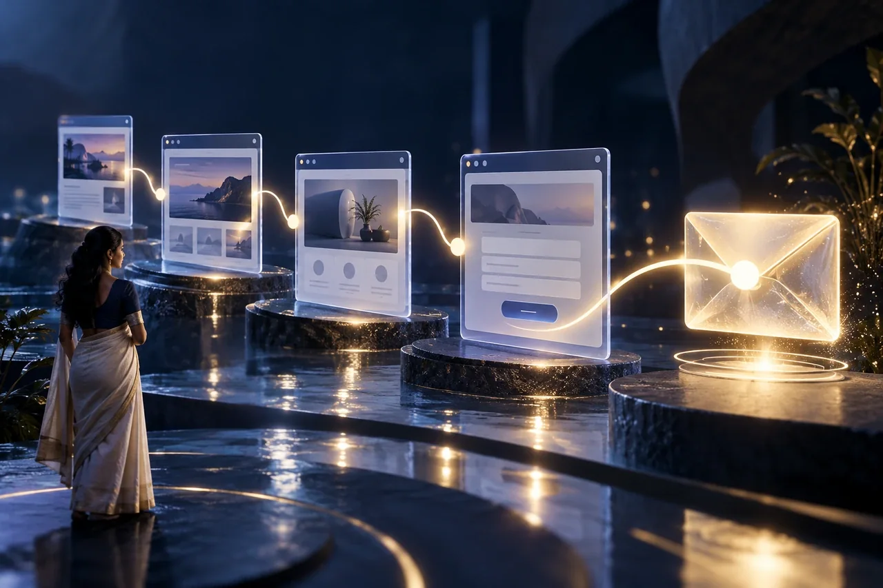A sequence of suspended translucent browser windows connected by a single luminous route ending in a glowing envelope, premium AI analytics visual
