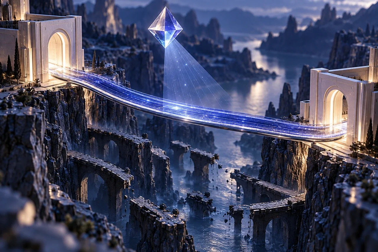 An AI inspection prism illuminates a direct fibre-optic bridge between portals, illustrating reliable website redirects.