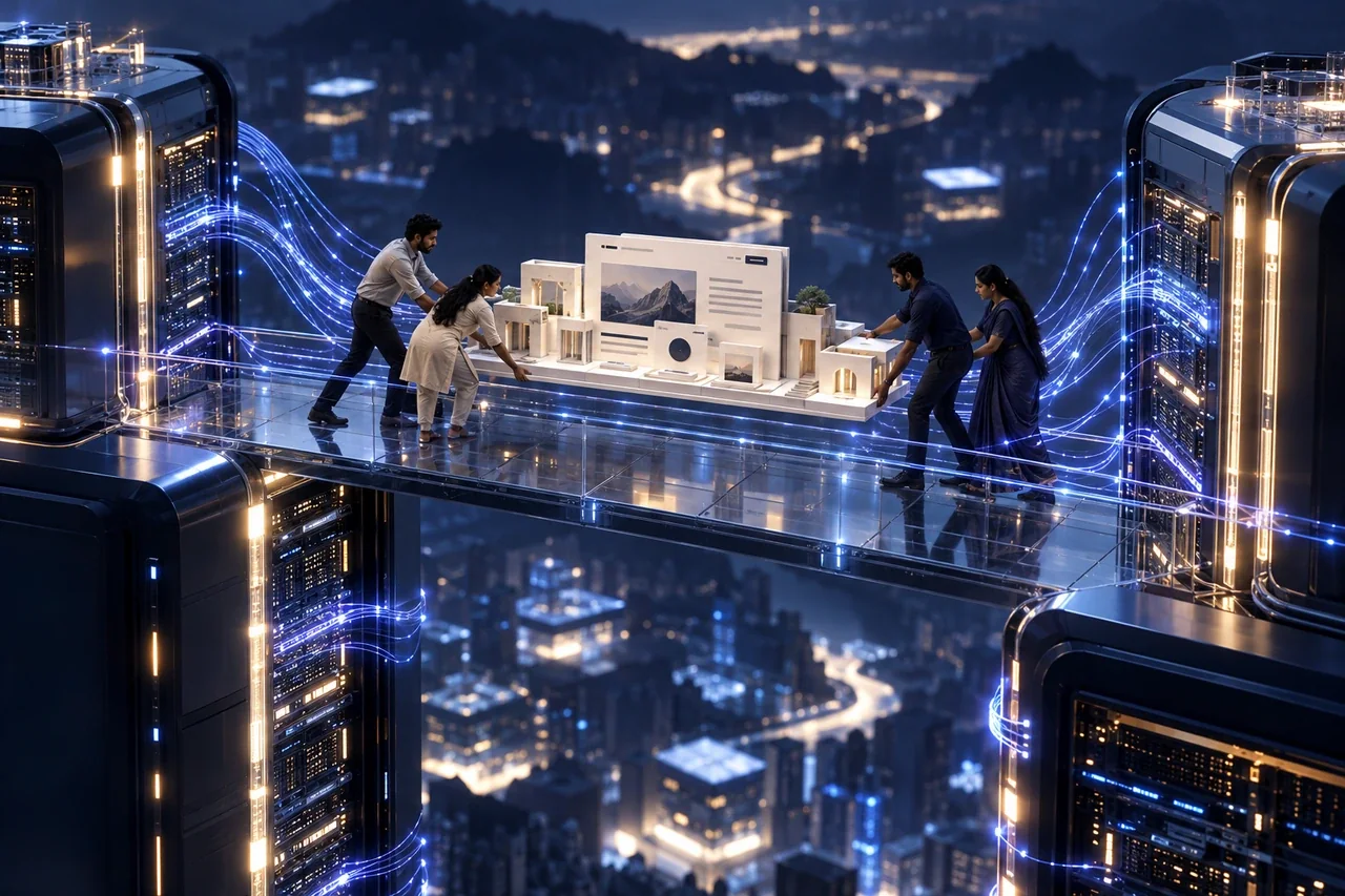 A model website crossing a connected glass bridge between servers