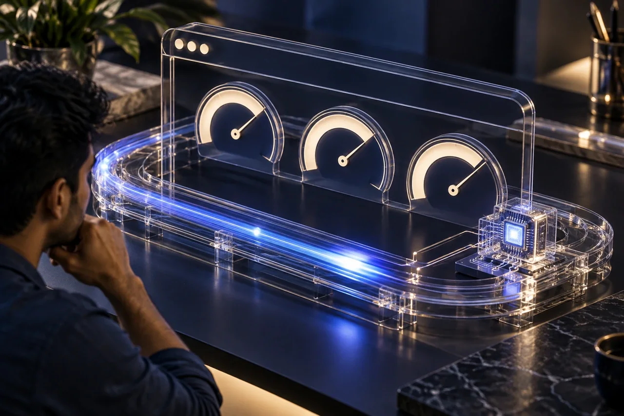 A luminous performance pulse moving through a transparent browser-shaped track