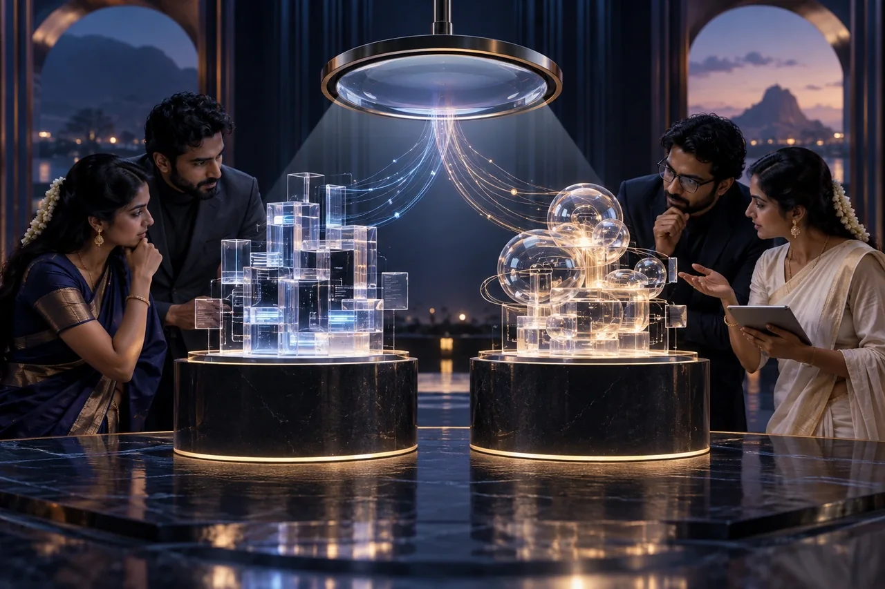 Two premium glass service models on equal pedestals under a shared lens, balanced nuanced comparison with AI analytical light trails