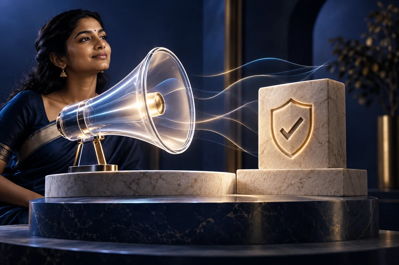 A translucent megaphone beside a grounded physical proof block on a studio pedestal, restrained AI verification light, credible advertising concept